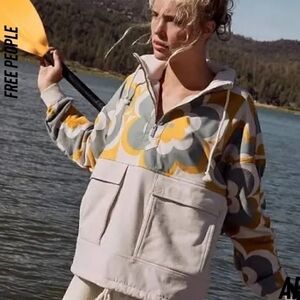 FREE PEOPLE Daybreak Sweat Jacket Stone Mango Pullover S EUC